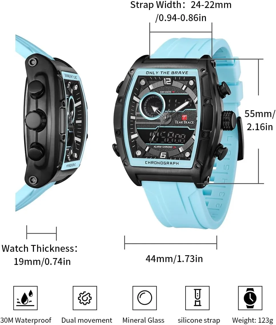 Tonneau Watches for Men with Silicone Strap Analog-Digital Waterproof Luminous Chronograph Gold/Black/Blue/Brown Mens Watches, Big Face Sport Work Wrist Watch