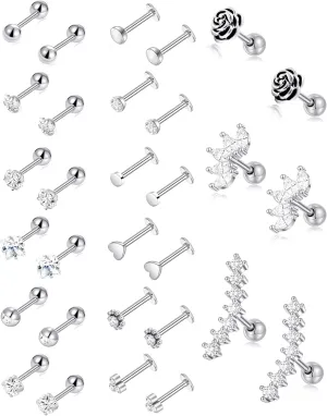 Tornito 9-30Pcs Cartilage CZ Stud Earrings Conch Forward Helix Tragus Daith Piercing Lip Rings Snake Heart Butterfly Jewelry for Women Men 16G Silver Gold Tone