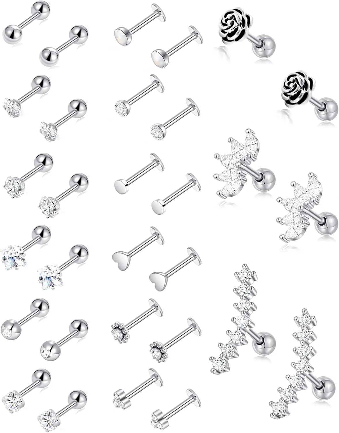 Tornito 9-30Pcs Cartilage CZ Stud Earrings Conch Forward Helix Tragus Daith Piercing Lip Rings Snake Heart Butterfly Jewelry for Women Men 16G Silver Gold Tone