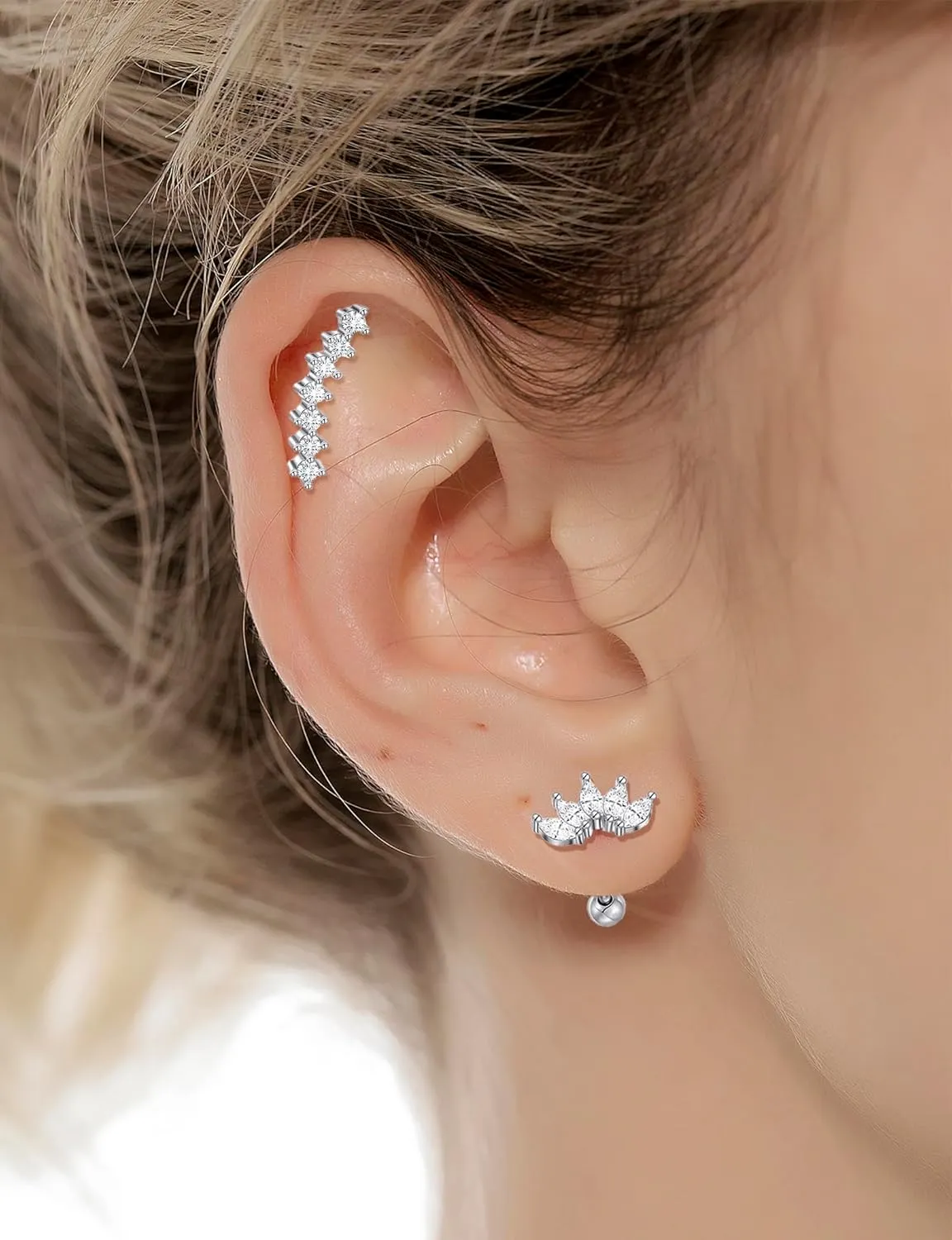 Tornito 9-30Pcs Cartilage CZ Stud Earrings Conch Forward Helix Tragus Daith Piercing Lip Rings Snake Heart Butterfly Jewelry for Women Men 16G Silver Gold Tone