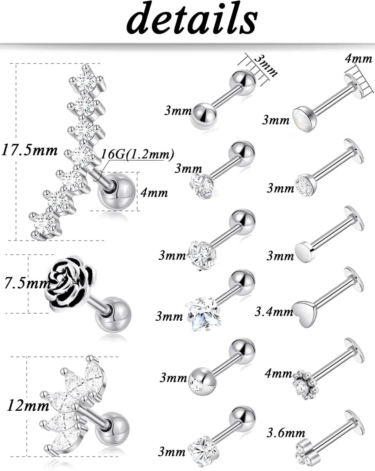 Tornito 9-30Pcs Cartilage CZ Stud Earrings Conch Forward Helix Tragus Daith Piercing Lip Rings Snake Heart Butterfly Jewelry for Women Men 16G Silver Gold Tone