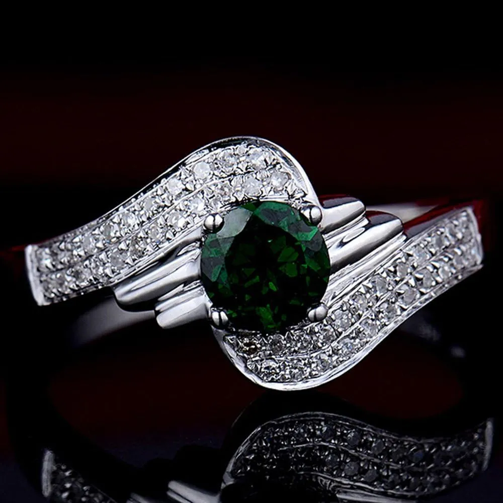 Tsavorite Diamond Rings For Women, 14K White Gold Rings - Green Gemstone Ring, Natural Tsavorite Gemstone Rings & Real Diamond Fashion Rings For Couple Engagement Ring