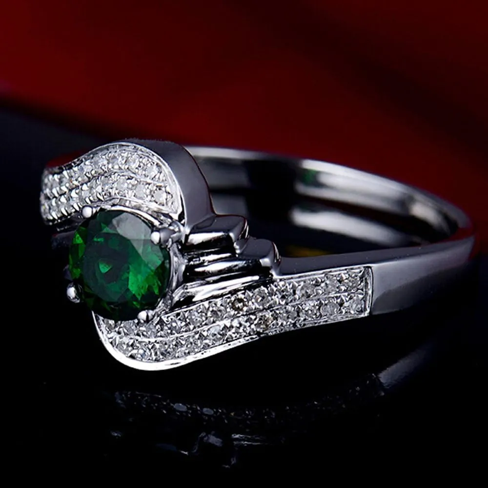 Tsavorite Diamond Rings For Women, 14K White Gold Rings - Green Gemstone Ring, Natural Tsavorite Gemstone Rings & Real Diamond Fashion Rings For Couple Engagement Ring