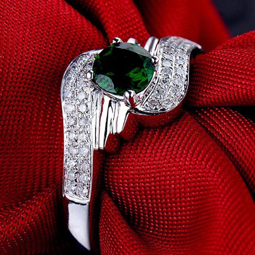 Tsavorite Diamond Rings For Women, 14K White Gold Rings - Green Gemstone Ring, Natural Tsavorite Gemstone Rings & Real Diamond Fashion Rings For Couple Engagement Ring