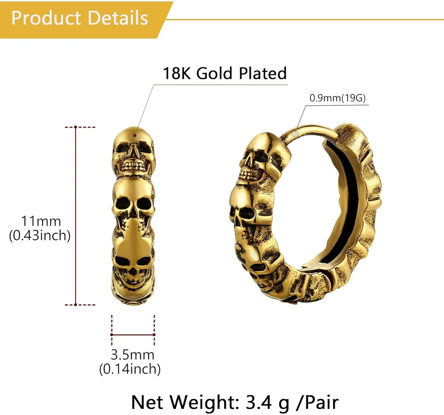 U7 Stainless Steel/Black/18K Gold Plated Personalized Gothic Skull Studs Earrings, Snake Stud Earrings, Goat Devil Earrings, Wolf Earrings Halloween Earrings for Men Women