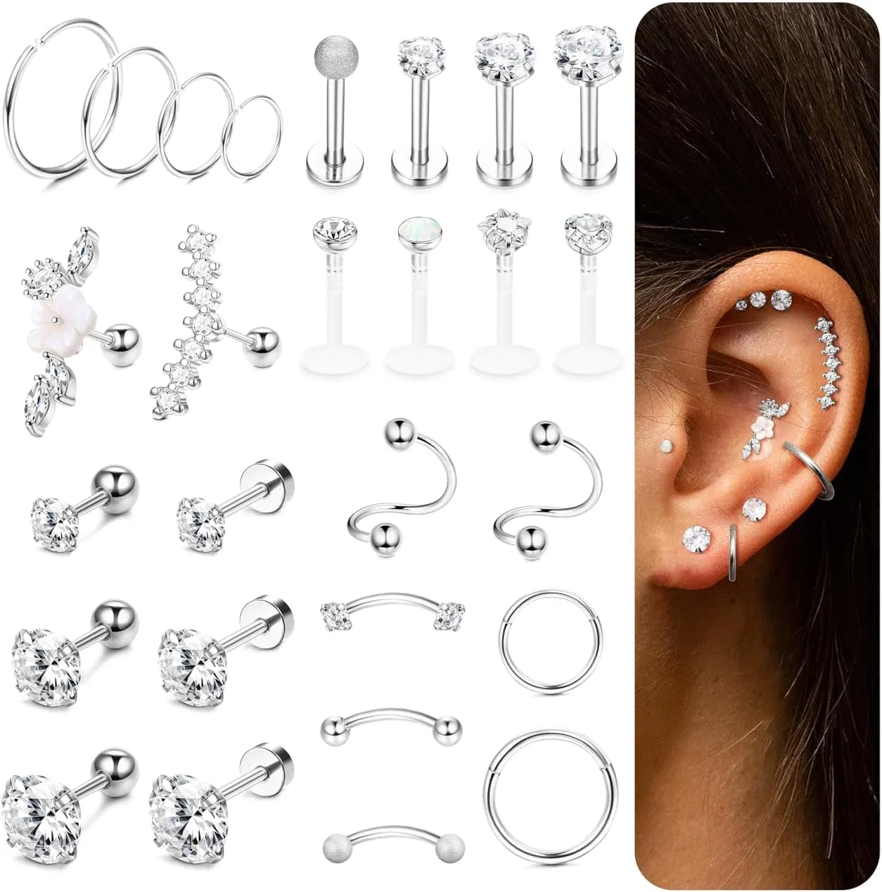 Ubjuliwa 27Pcs 16G Cartilage Earrings Stud Hoop for Women Stainless Steel Forward Helix Piercing Tragus Earrings Conch Piercing Jewelry