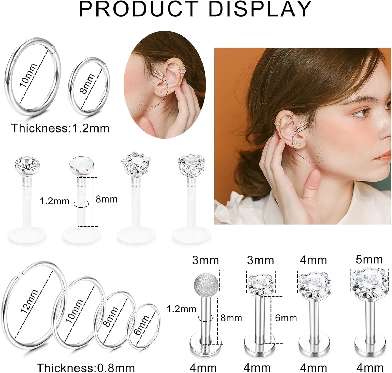 Ubjuliwa 27Pcs 16G Cartilage Earrings Stud Hoop for Women Stainless Steel Forward Helix Piercing Tragus Earrings Conch Piercing Jewelry