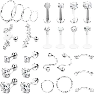 Ubjuliwa 27Pcs 16G Cartilage Earrings Stud Hoop for Women Stainless Steel Forward Helix Piercing Tragus Earrings Conch Piercing Jewelry