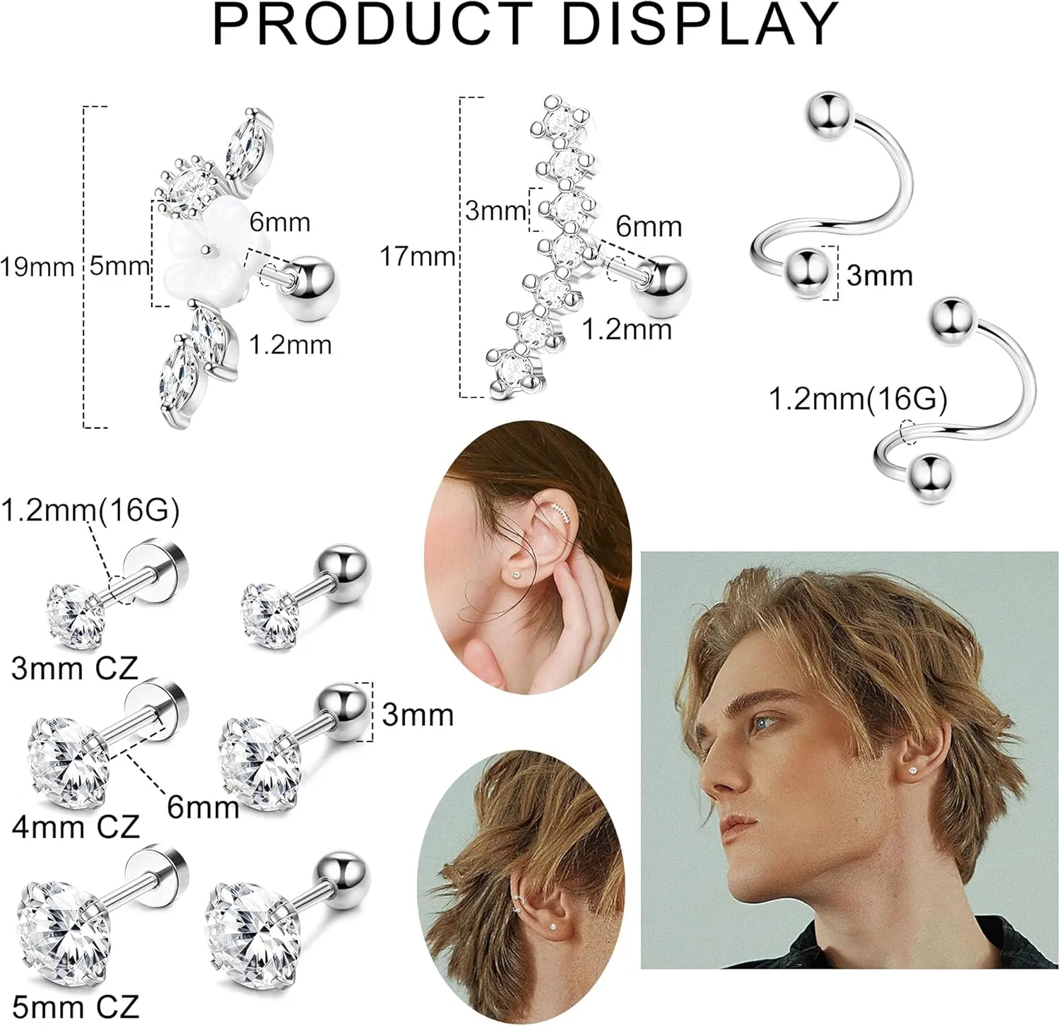 Ubjuliwa 27Pcs 16G Cartilage Earrings Stud Hoop for Women Stainless Steel Forward Helix Piercing Tragus Earrings Conch Piercing Jewelry