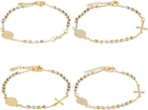 UNICRAFTALE 4 PCS 4 Styles Mary Bead Cross Bracelet Golden Bead Charm Link Chain Bracelet Unique Prayer Crucifix Bracelet Holy Mother Bracelet Adjustable Bracelet Jewelry for Women