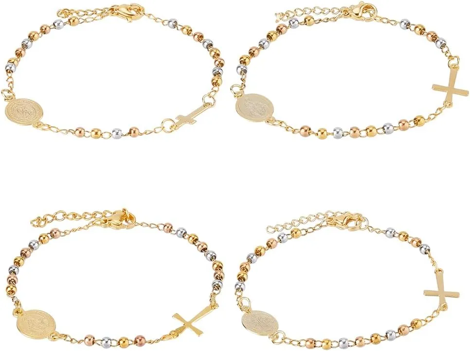 UNICRAFTALE 4 PCS 4 Styles Mary Bead Cross Bracelet Golden Bead Charm Link Chain Bracelet Unique Prayer Crucifix Bracelet Holy Mother Bracelet Adjustable Bracelet Jewelry for Women