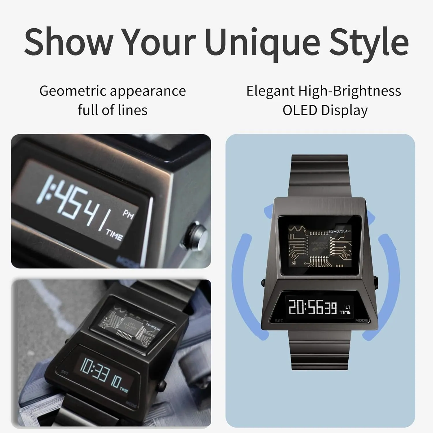 Unique Metal Wristwatch OLED Display Men's Digital Unique Metal Watches, Lift-to-Wake Screen, Stainless Steel Strap