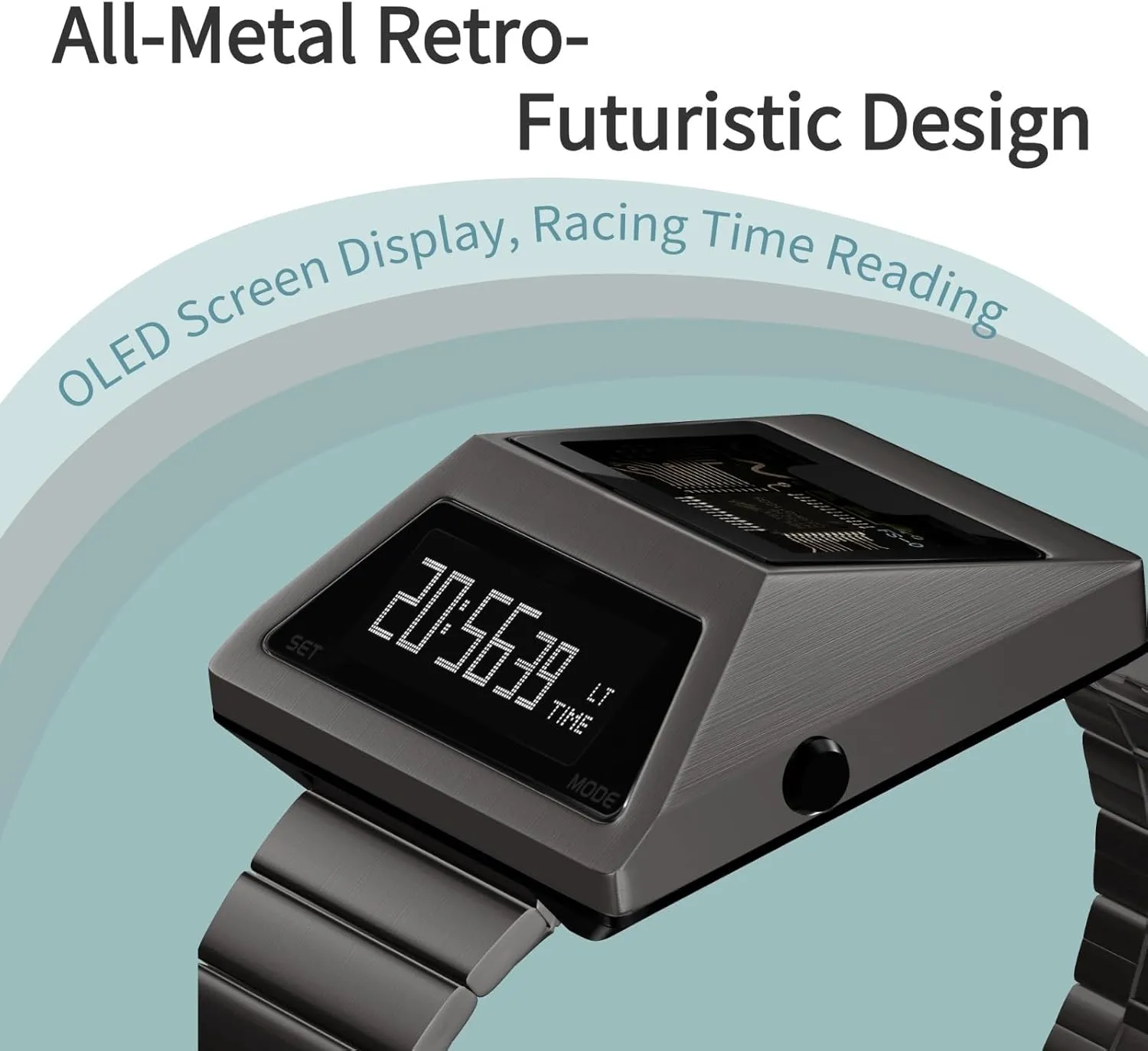 Unique Metal Wristwatch OLED Display Men's Digital Unique Metal Watches, Lift-to-Wake Screen, Stainless Steel Strap