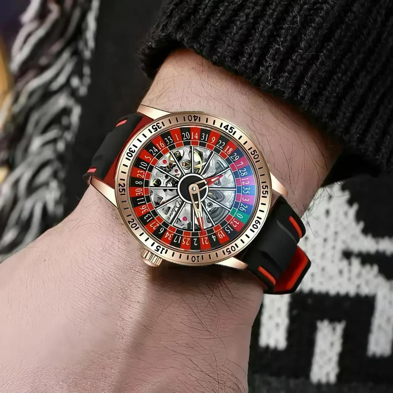 Unique Roulette Watches Men's Automatic Mechanical Watch Luxury Skeleton Watches for Men Two-Tone Silicone BandWaterproofGlows in The Dark