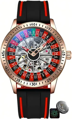 Unique Roulette Watches Men's Automatic Mechanical Watch Luxury Skeleton Watches for Men Two-Tone Silicone BandWaterproofGlows in The Dark