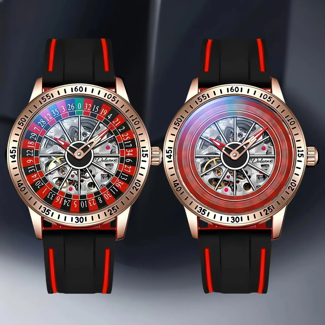 Unique Roulette Watches Men's Automatic Mechanical Watch Luxury Skeleton Watches for Men Two-Tone Silicone BandWaterproofGlows in The Dark