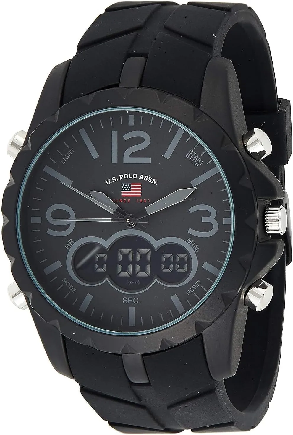 U.S. Polo Assn. Men's Multifunction Watch Black Silicone Strap Analog Digital Display Alarm Chronograph Backlight 50mm Case Fits Wrists 5.5" to 8"