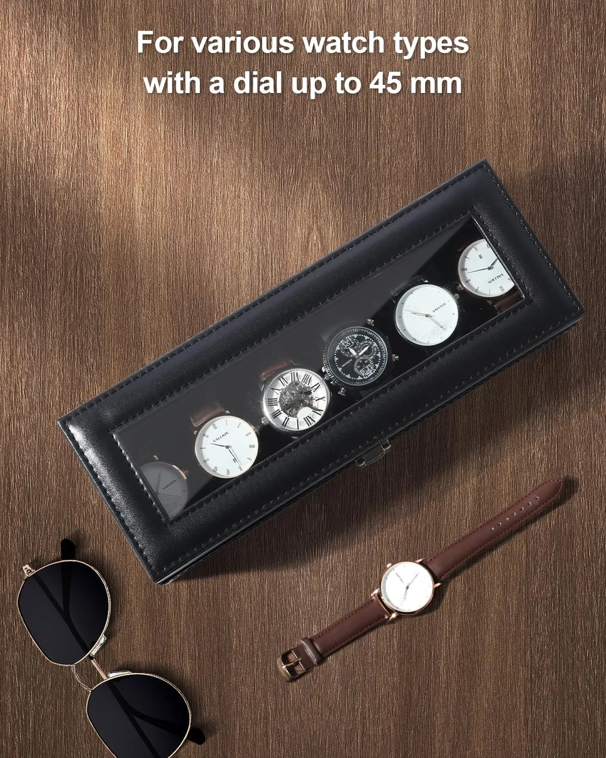 Uten Watch Box, 6 Slots Watch Case, Watch Organizer Jewelry Storage with Large Glass Lid, Black Lining, Watch Display Box for Men & Women Gift