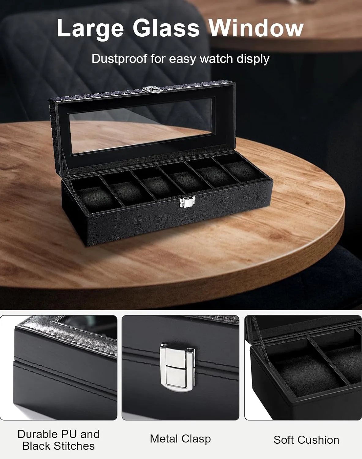 Uten Watch Box, 6 Slots Watch Case, Watch Organizer Jewelry Storage with Large Glass Lid, Black Lining, Watch Display Box for Men & Women Gift