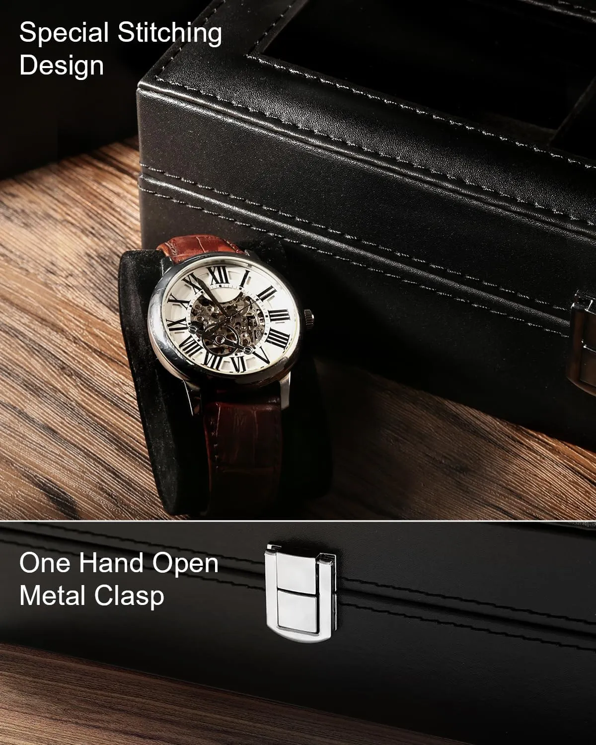 Uten Watch Box, 6 Slots Watch Case, Watch Organizer Jewelry Storage with Large Glass Lid, Black Lining, Watch Display Box for Men & Women Gift