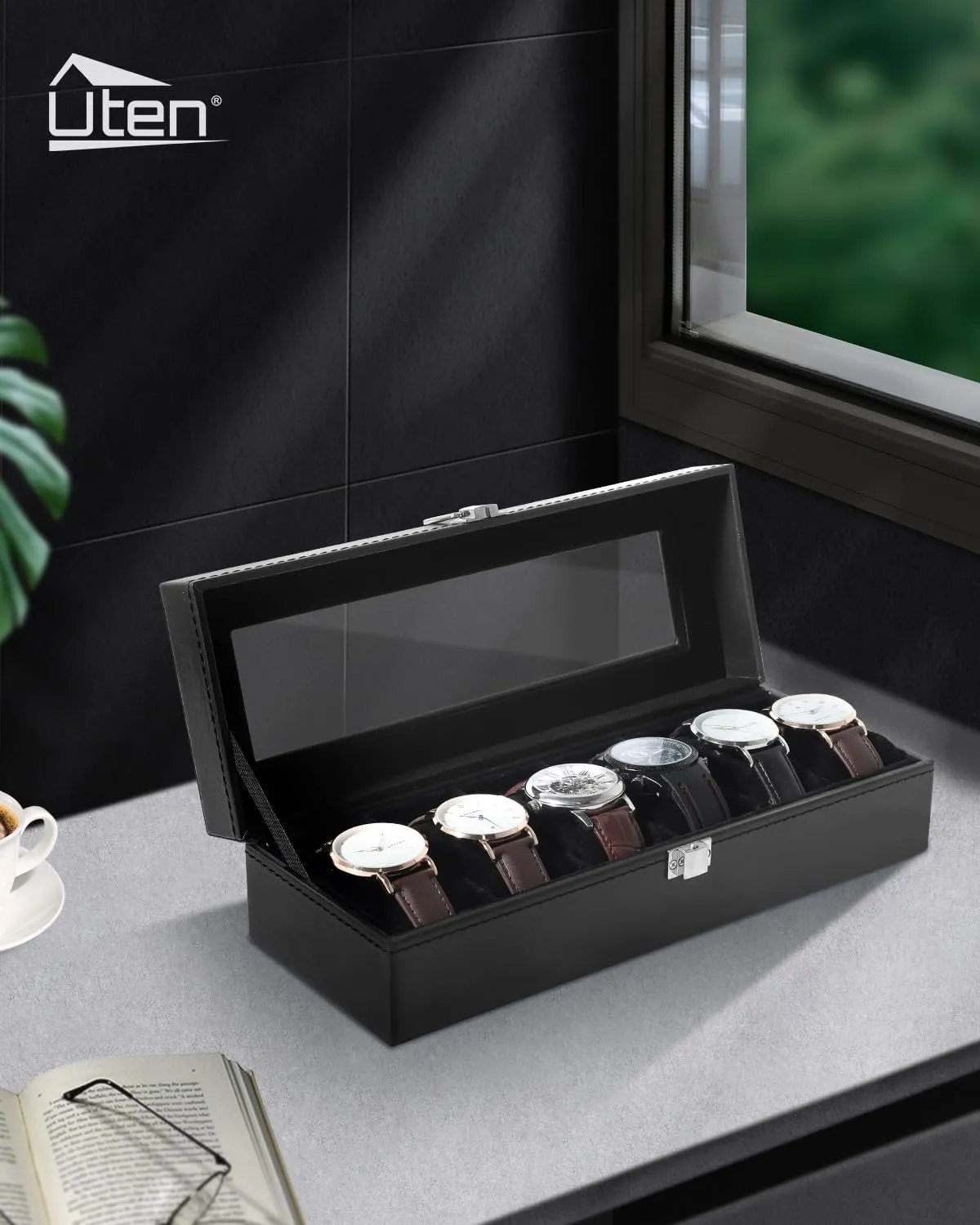 Uten Watch Box, 6 Slots Watch Case, Watch Organizer Jewelry Storage with Large Glass Lid, Black Lining, Watch Display Box for Men & Women Gift