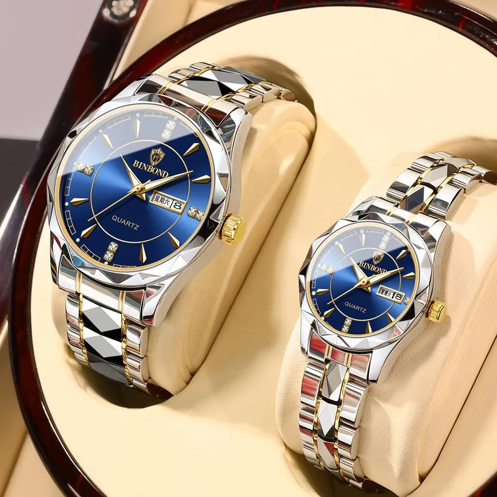 Valentines Couple Pair Watches Men and Women Luminous Calendar Waterproof Gold Silver Stainless Steel Quartz Watch Blue Face his and Hers Watches Set Lovers Set of 2