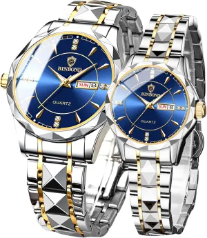 Valentines Couple Pair Watches Men and Women Luminous Calendar Waterproof Gold Silver Stainless Steel Quartz Watch Blue Face his and Hers Watches Set Lovers Set of 2