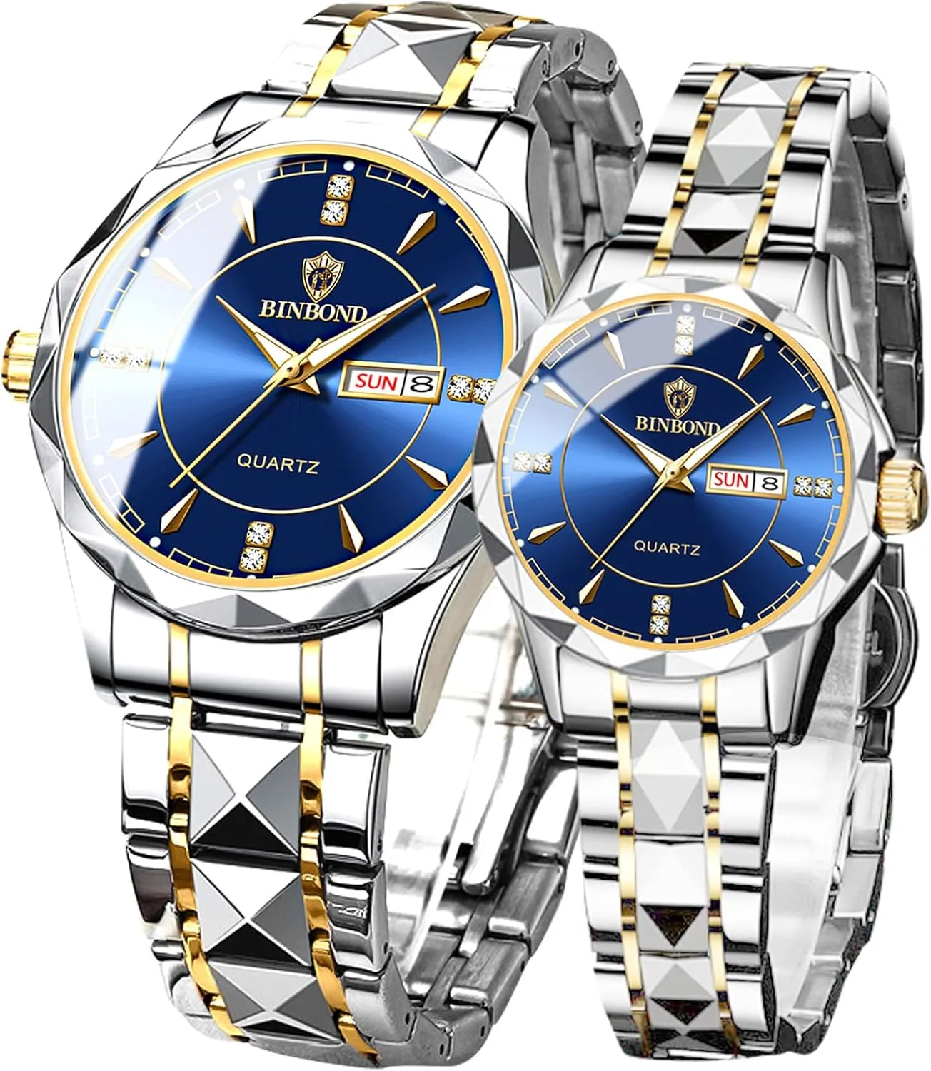 Valentines Couple Pair Watches Men and Women Luminous Calendar Waterproof Gold Silver Stainless Steel Quartz Watch Blue Face his and Hers Watches Set Lovers Set of 2
