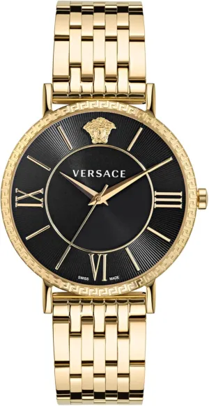 Versace V-Eternal Collection Luxury Mens Watch Timepieces with a Gold Bracelet and Case Featuring a Black Dial
