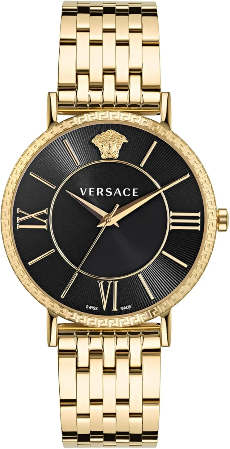 Versace V-Eternal Collection Luxury Mens Watch Timepieces with a Gold Bracelet and Case Featuring a Black Dial