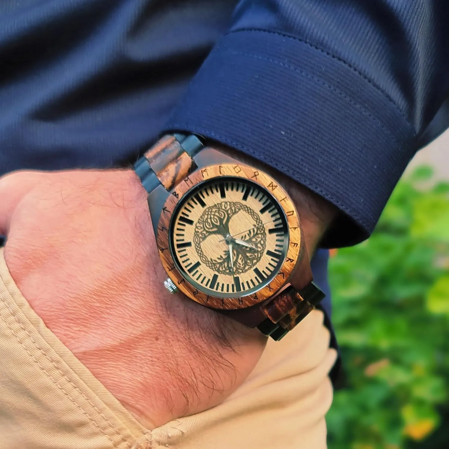 Vikingenes  Wooden Watches for Men, Engraved Wood Watch, Personalized Men's Gift, Viking Watches, Natural Wood Wristwatch, Luxury Wooden Chronograph, Custom Engraved Watch, Unique Gift for Men