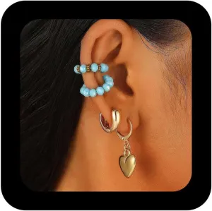 Vintage Heart Huggie Hoop Earrings Blue Crystal Ear Cuff Earrings Gold Heart Dangle Earrings Faux Sapphire Earrings Cz Cuff Wrap Earrings Jewelry for Women