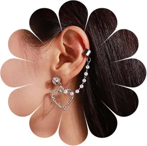 Vintage Hollow Heart Drop Dangle Earrings Tassel Pearl Chain Earrings Silver Cuff Wrap Crawler Earrings Wide Hoop Ear Cuff Earrings Jewelry for Women