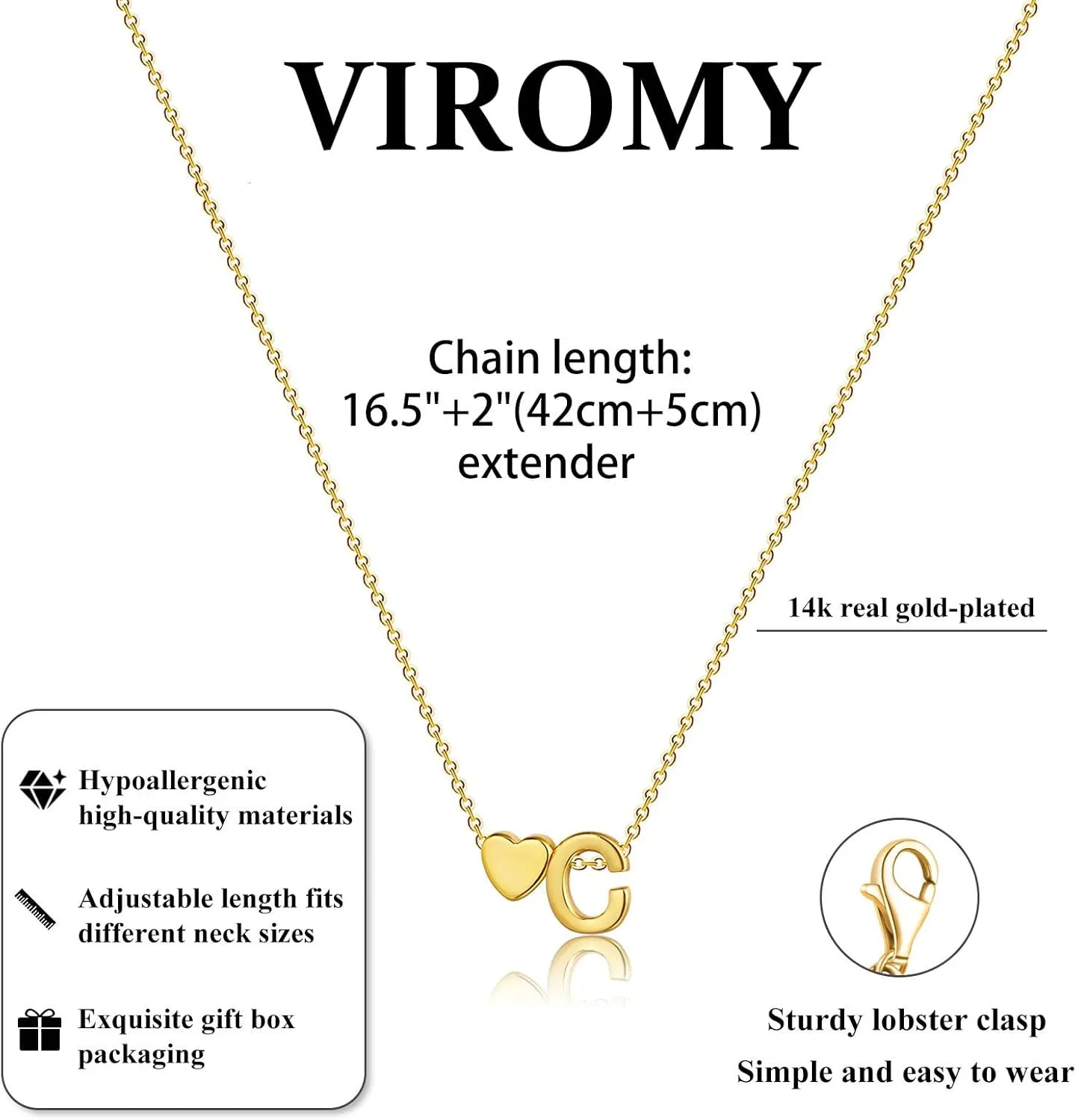 VIROMY Gold Initial Necklaces for Women 14K Gold Plated Dainty Heart Letter A-Z Personalized Initial Heart Pendant Necklace Tiny Letter Name Necklaces Jewelry for Women