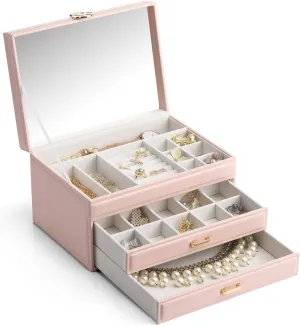 Vlando Jewelry Box Large-Capacity Jewelry Storage Boxes,Faux Leather Mirror Jewelry Organizer Box,Earrings, Necklace, Rings,Bracelet for Girl Woman Mother's Day Gift(Pink, New-Mirror Lid)