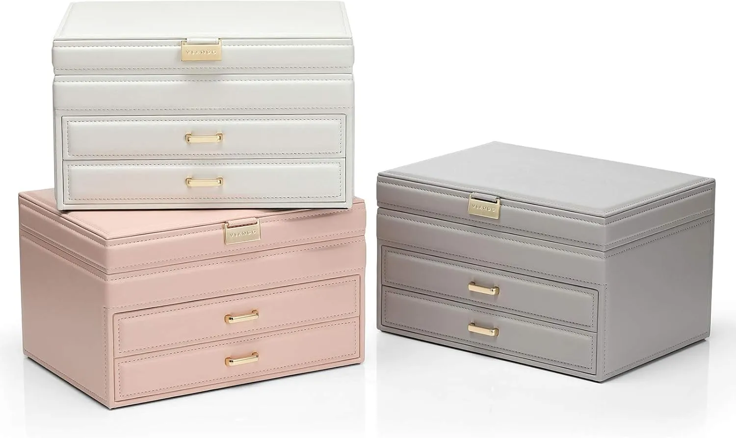 Vlando Jewelry Box Large-Capacity Jewelry Storage Boxes,Faux Leather Mirror Jewelry Organizer Box,Earrings, Necklace, Rings,Bracelet for Girl Woman Mother's Day Gift(Pink, New-Mirror Lid)