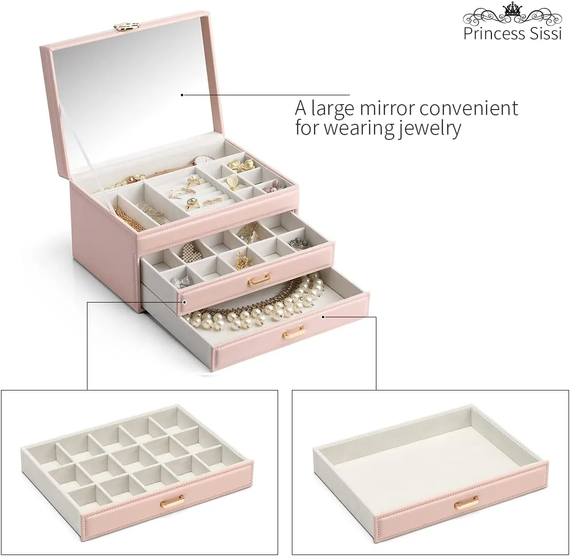 Vlando Jewelry Box Large-Capacity Jewelry Storage Boxes,Faux Leather Mirror Jewelry Organizer Box,Earrings, Necklace, Rings,Bracelet for Girl Woman Mother's Day Gift(Pink, New-Mirror Lid)