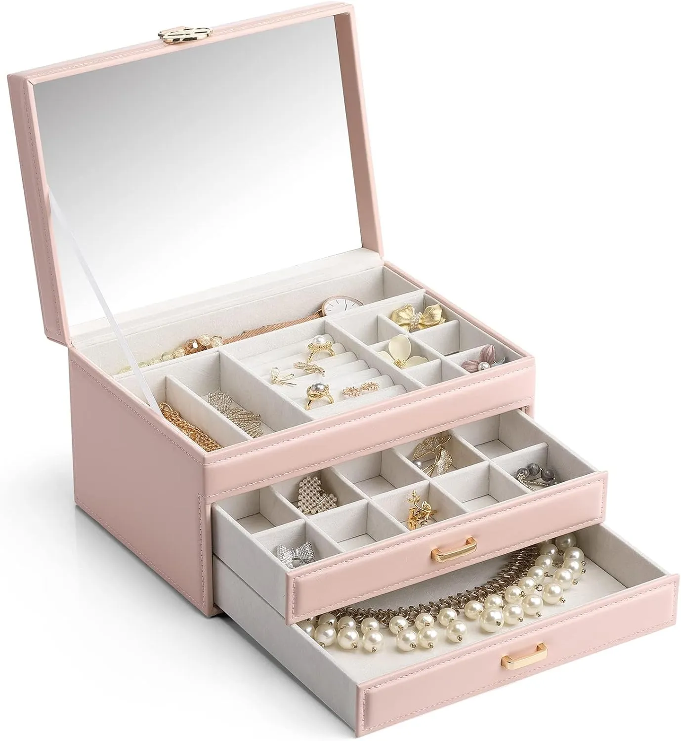 Vlando Jewelry Box Large-Capacity Jewelry Storage Boxes,Faux Leather Mirror Jewelry Organizer Box,Earrings, Necklace, Rings,Bracelet for Girl Woman Mother's Day Gift(Pink, New-Mirror Lid)