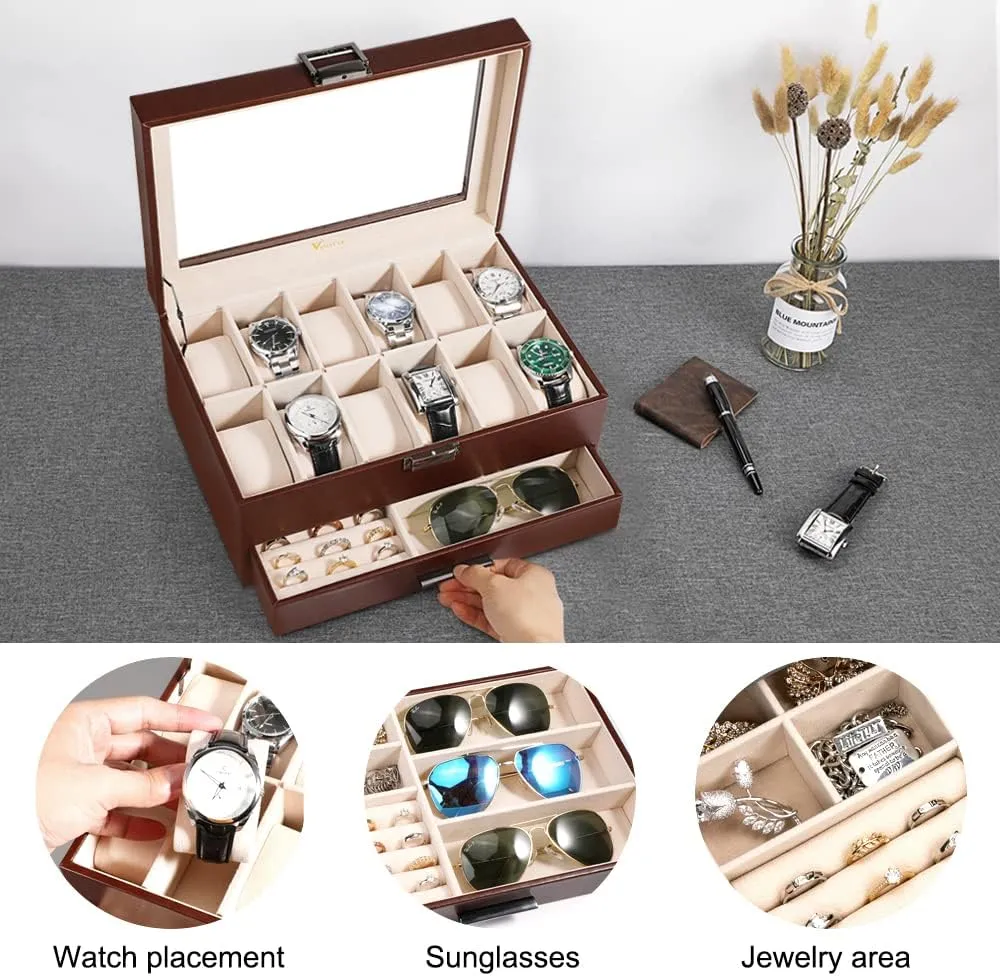 Voova Jewelry Box Watch Boxes Organizer for Men Women, 2 Layer Large 12 Slot PU Leather Watch Storage Case, Glass Top Jewelry Display Holder for Watches Sunglasses Rings Necklaces Bracelets (Brown)