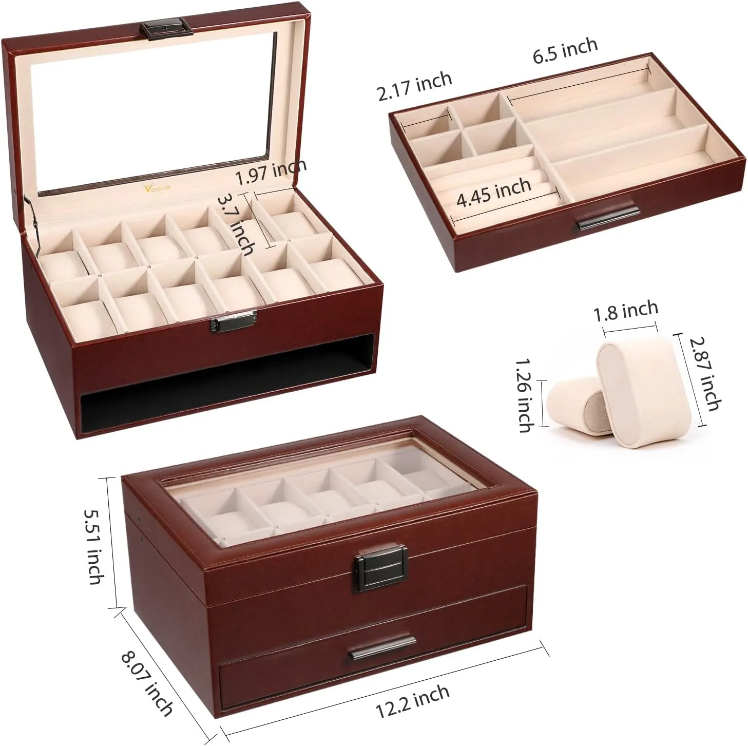 Voova Jewelry Box Watch Boxes Organizer for Men Women, 2 Layer Large 12 Slot PU Leather Watch Storage Case, Glass Top Jewelry Display Holder for Watches Sunglasses Rings Necklaces Bracelets (Brown)