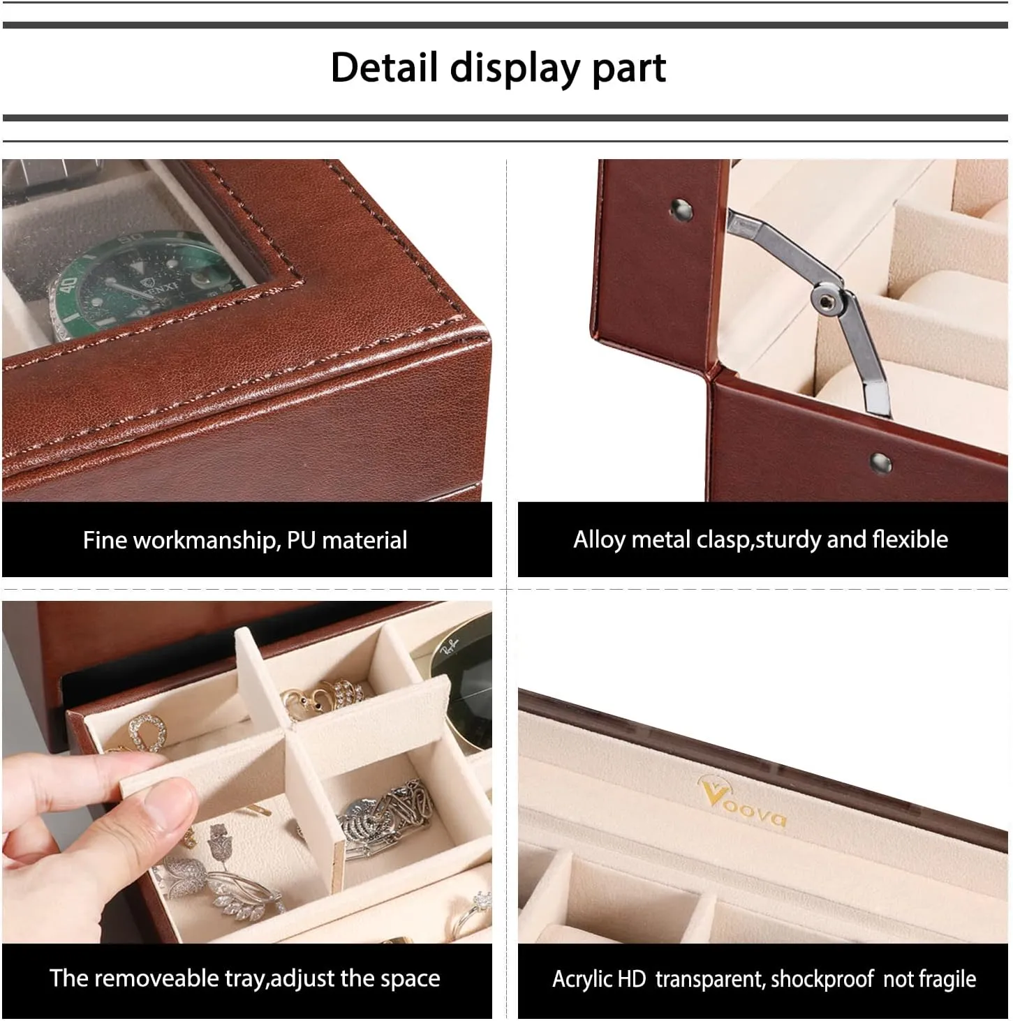 Voova Jewelry Box Watch Boxes Organizer for Men Women, 2 Layer Large 12 Slot PU Leather Watch Storage Case, Glass Top Jewelry Display Holder for Watches Sunglasses Rings Necklaces Bracelets (Brown)