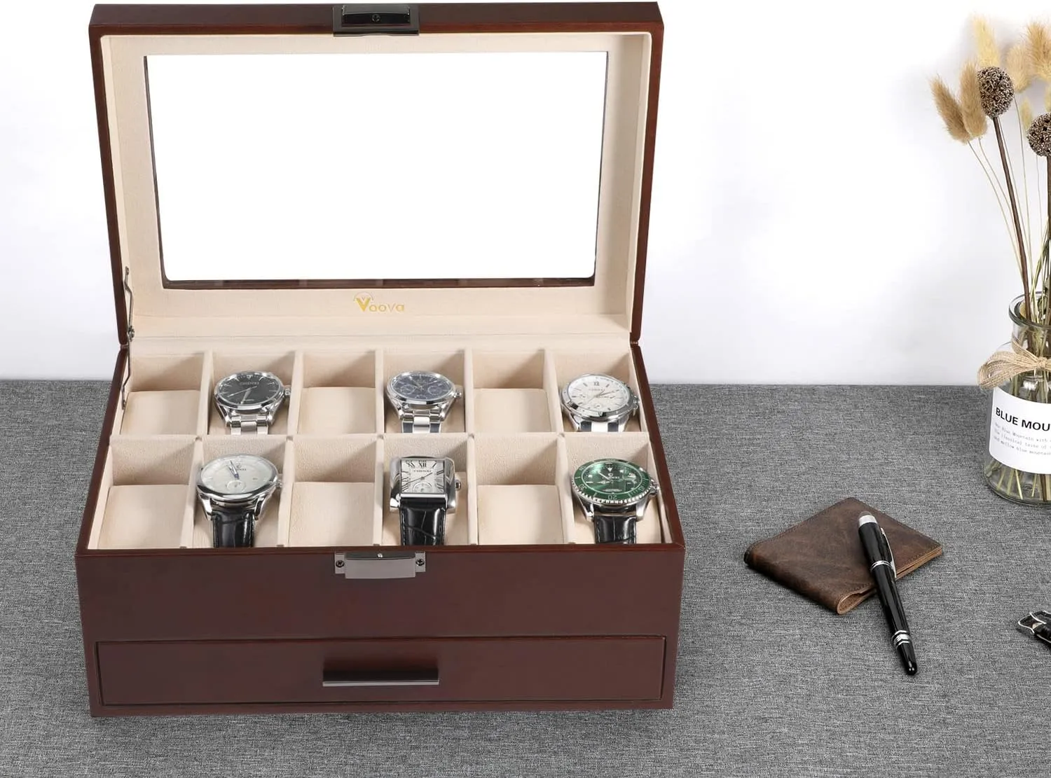Voova Jewelry Box Watch Boxes Organizer for Men Women, 2 Layer Large 12 Slot PU Leather Watch Storage Case, Glass Top Jewelry Display Holder for Watches Sunglasses Rings Necklaces Bracelets (Brown)