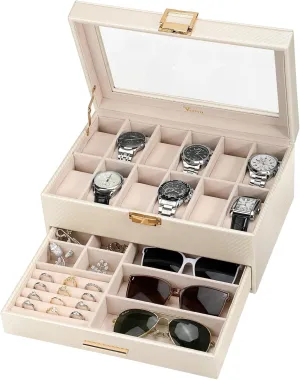 Voova Jewelry Box Watch Boxes Organizer for Men Women, 2 Layer Large 12 Slot PU Leather Watch Storage Case, Glass Top Jewelry Display Holder for Watches Sunglasses Rings Necklaces Bracelets,Apricot