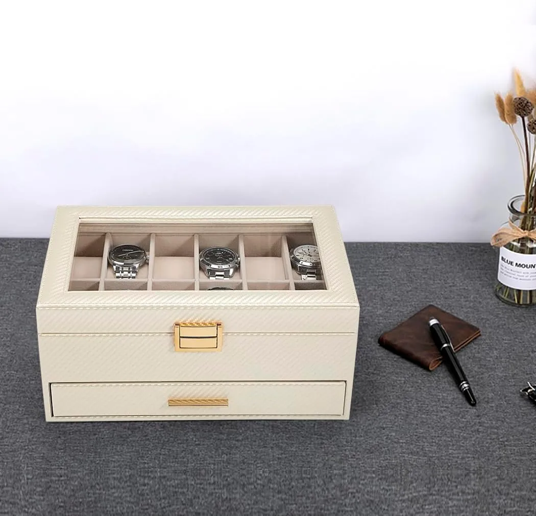 Voova Jewelry Box Watch Boxes Organizer for Men Women, 2 Layer Large 12 Slot PU Leather Watch Storage Case, Glass Top Jewelry Display Holder for Watches Sunglasses Rings Necklaces Bracelets,Apricot