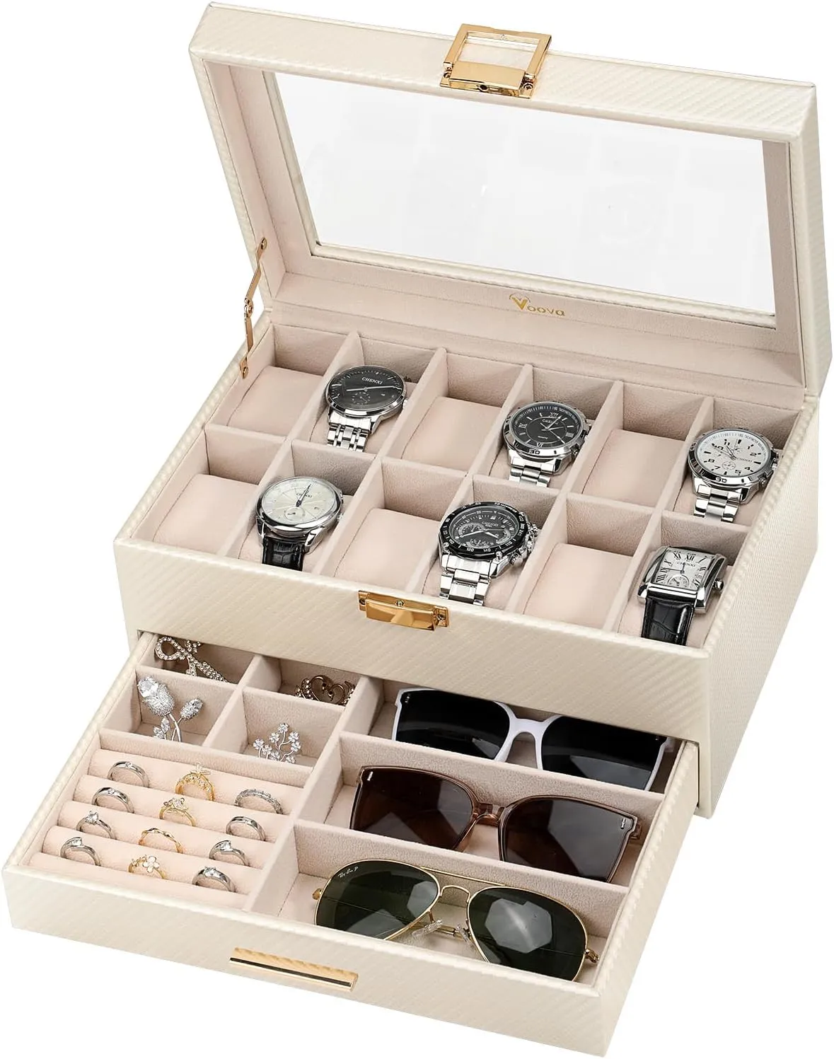 Voova Jewelry Box Watch Boxes Organizer for Men Women, 2 Layer Large 12 Slot PU Leather Watch Storage Case, Glass Top Jewelry Display Holder for Watches Sunglasses Rings Necklaces Bracelets,Apricot