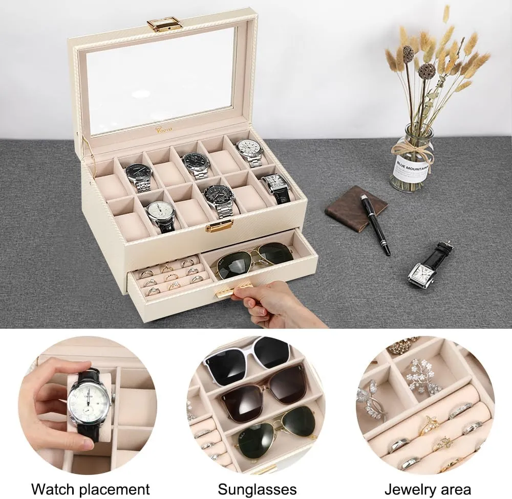 Voova Jewelry Box Watch Boxes Organizer for Men Women, 2 Layer Large 12 Slot PU Leather Watch Storage Case, Glass Top Jewelry Display Holder for Watches Sunglasses Rings Necklaces Bracelets,Apricot