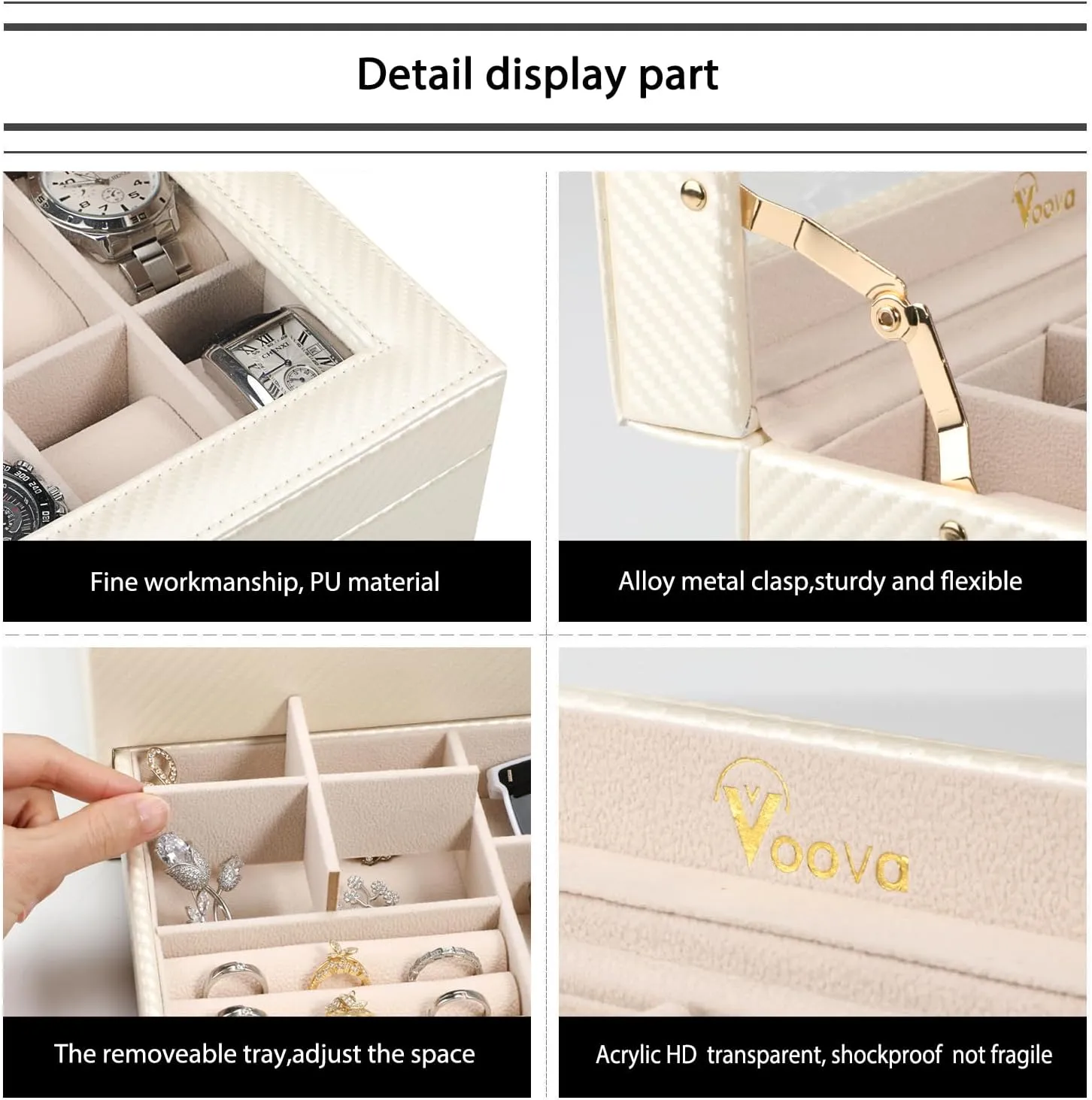 Voova Jewelry Box Watch Boxes Organizer for Men Women, 2 Layer Large 12 Slot PU Leather Watch Storage Case, Glass Top Jewelry Display Holder for Watches Sunglasses Rings Necklaces Bracelets,Apricot