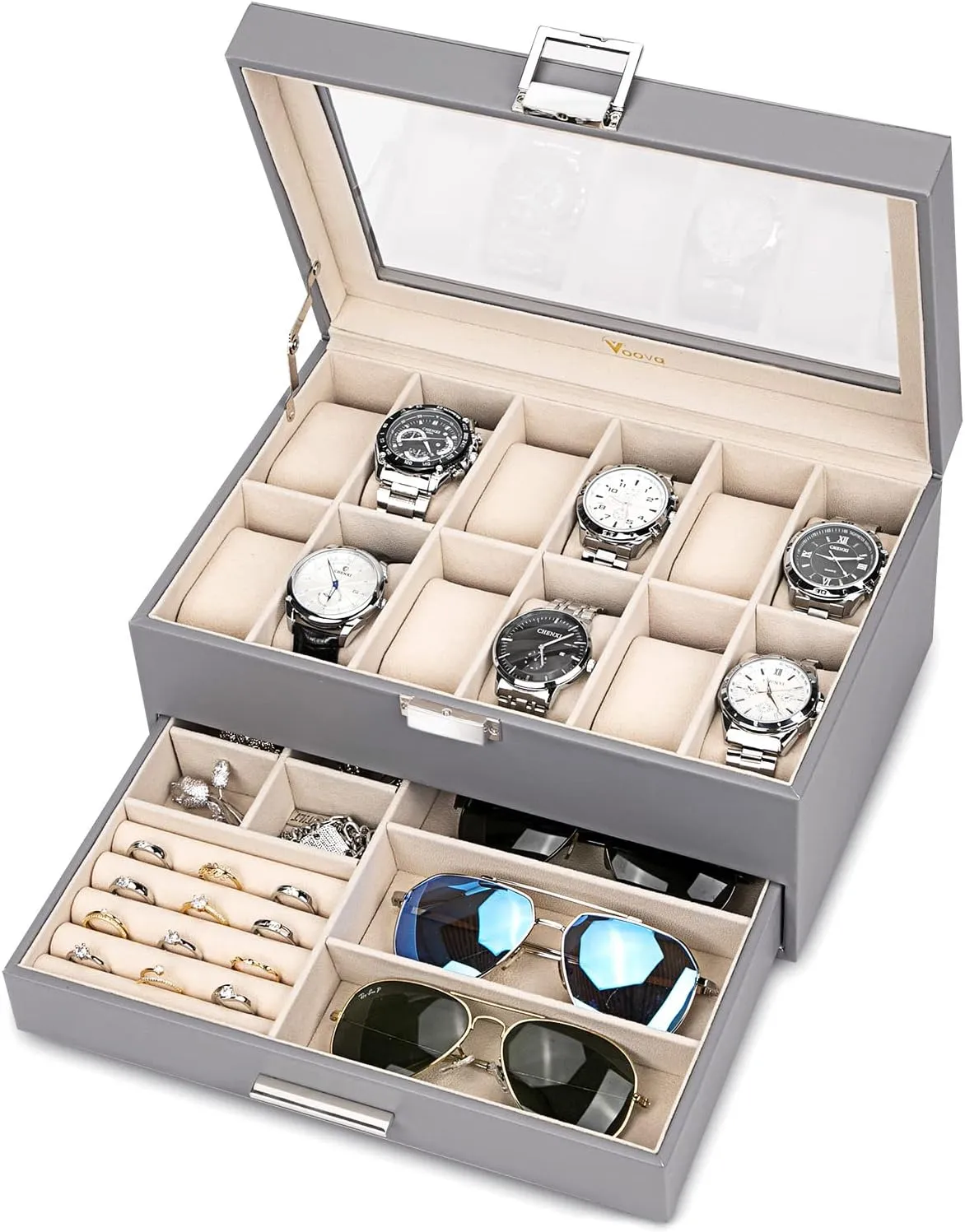 Voova Jewelry Box Watch Boxes Organizer for Men Women, 2 Layer Large 12 Slot PU Leather Watch Storage Case, Glass Top Jewelry Display Holder for Watches Sunglasses Rings Necklaces Bracelets,Grey