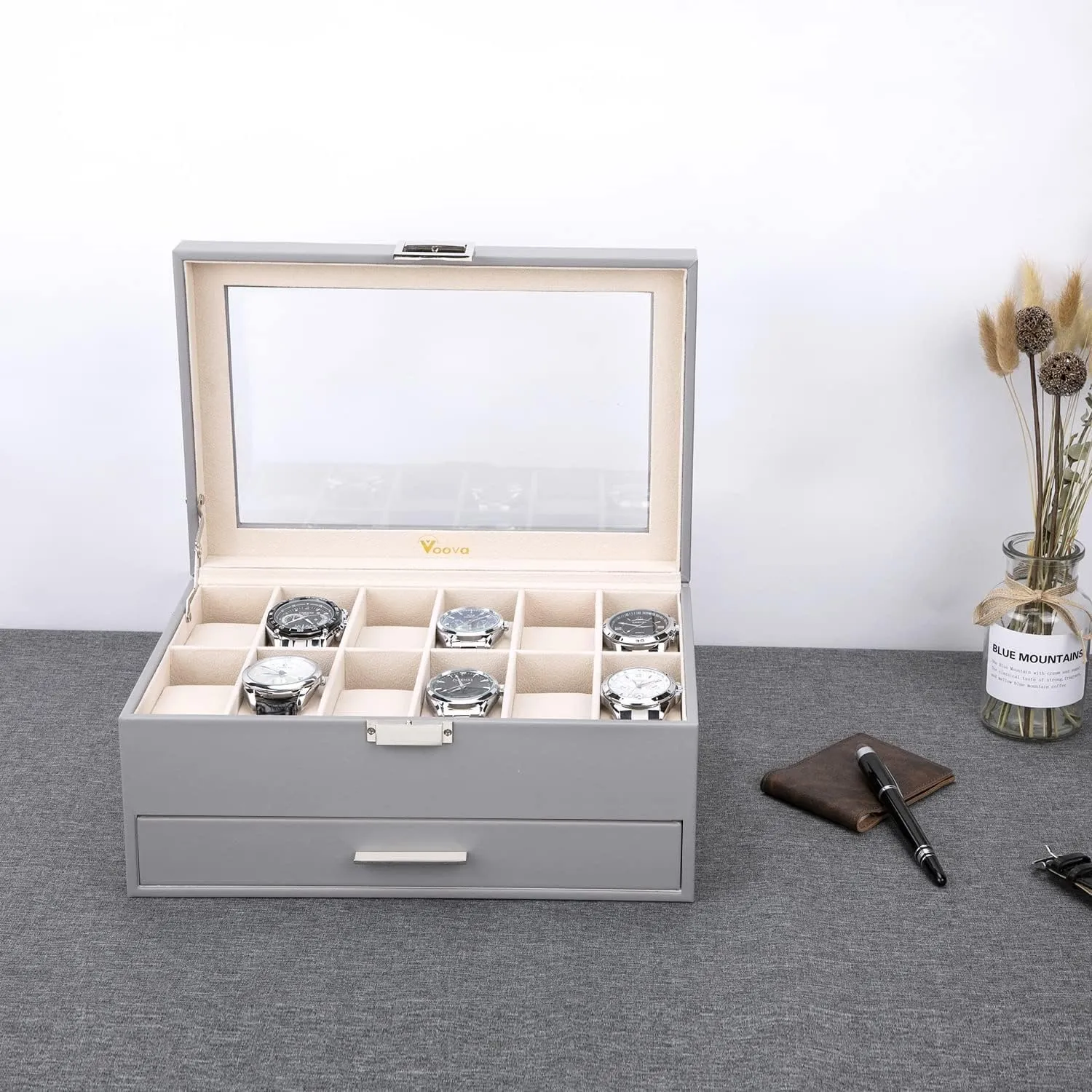 Voova Jewelry Box Watch Boxes Organizer for Men Women, 2 Layer Large 12 Slot PU Leather Watch Storage Case, Glass Top Jewelry Display Holder for Watches Sunglasses Rings Necklaces Bracelets,Grey