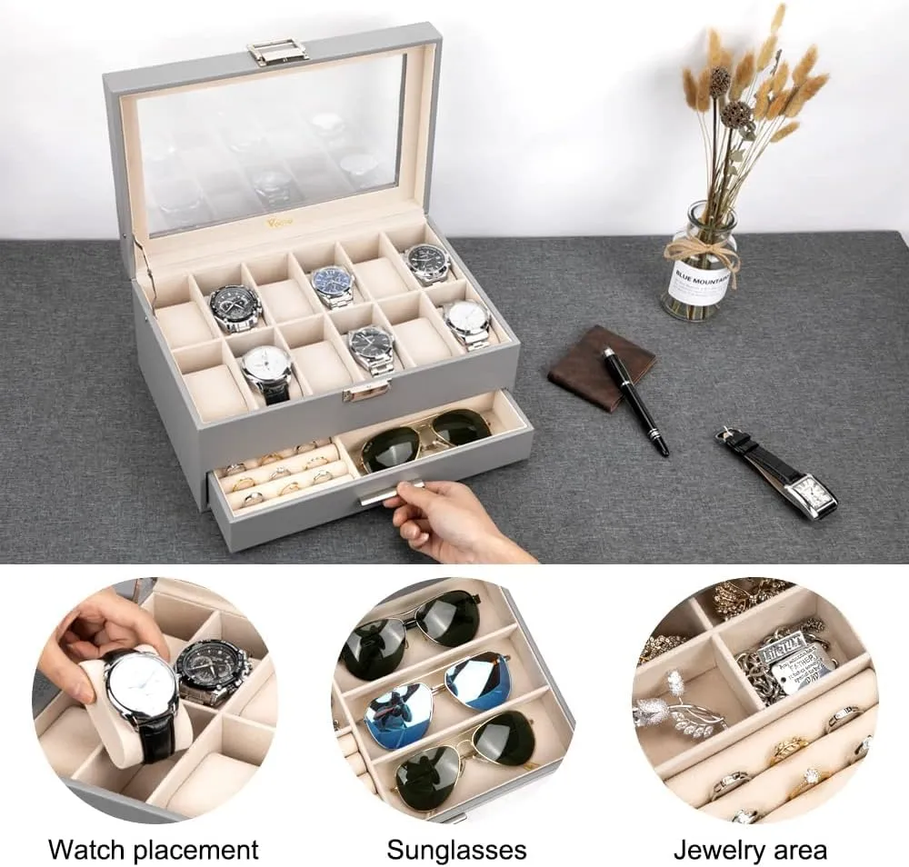 Voova Jewelry Box Watch Boxes Organizer for Men Women, 2 Layer Large 12 Slot PU Leather Watch Storage Case, Glass Top Jewelry Display Holder for Watches Sunglasses Rings Necklaces Bracelets,Grey